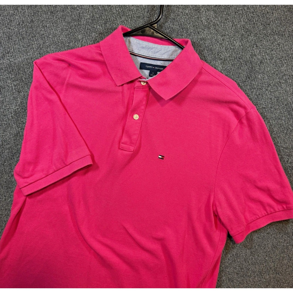 Tommy Hilfiger Polo Shirt Men M Pink Solid Cotton Classic Fit Short Sleeve Logo